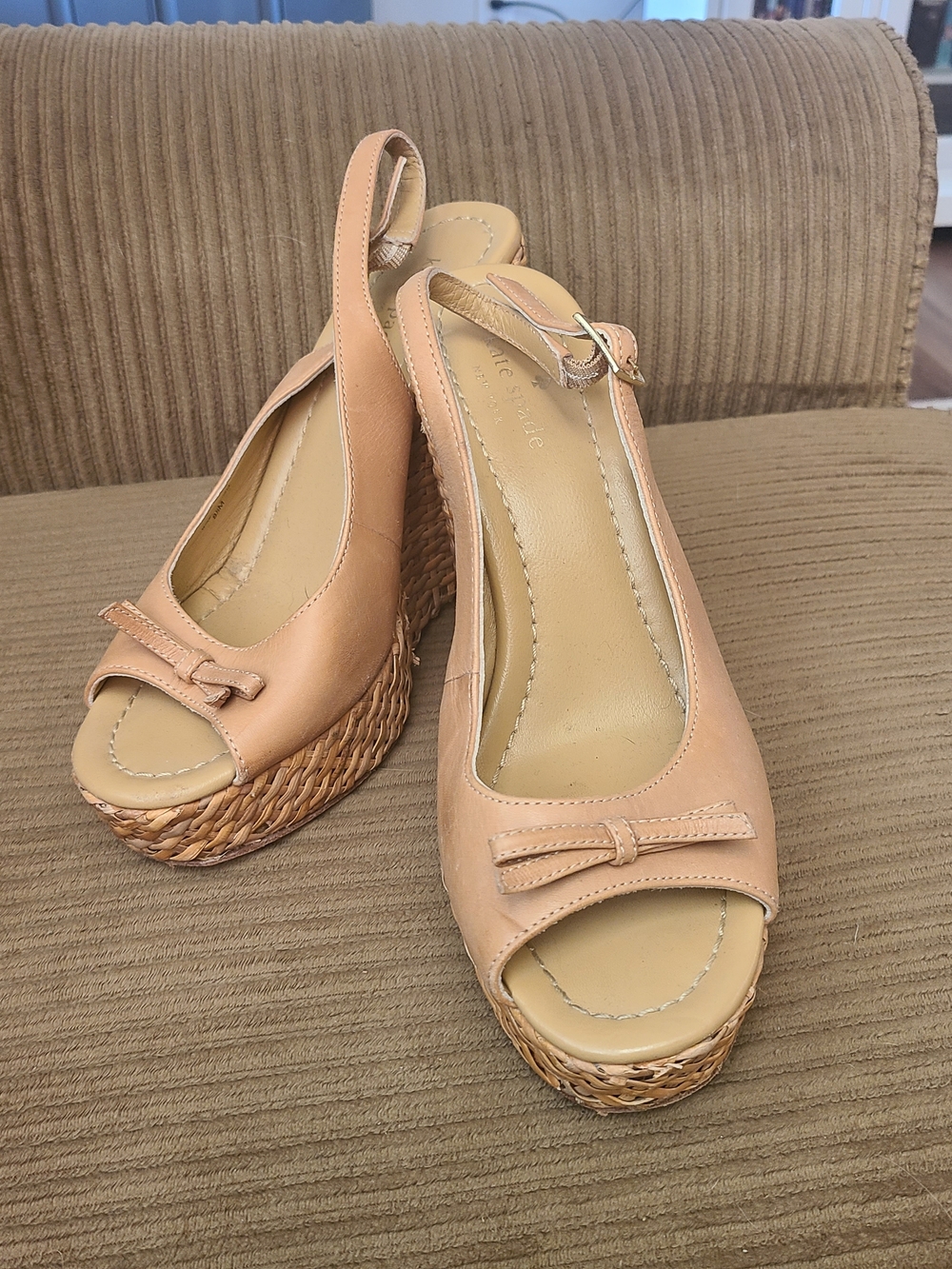 kate spade Peach Leather Peep-Toe Slingback Wedges